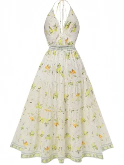 Best Retro Stage 1930s Deep V-Neck Halter Lemon Dress Yellow