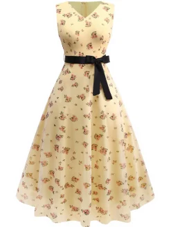 Online Retro Stage Yellow 1930s Ditsy Floral Mesh Sleeveless Ribbon Dress Light Yellow