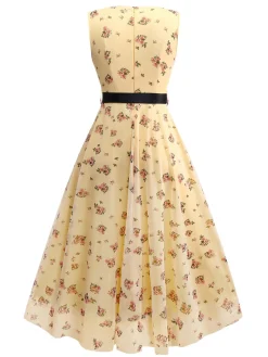 Online Retro Stage Yellow 1930s Ditsy Floral Mesh Sleeveless Ribbon Dress Light Yellow