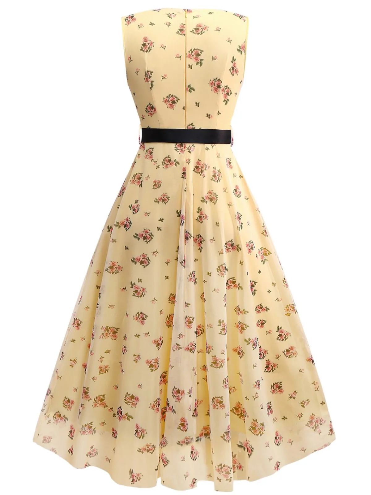 Online Retro Stage Yellow 1930s Ditsy Floral Mesh Sleeveless Ribbon Dress Light Yellow