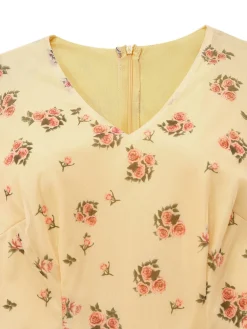 Online Retro Stage Yellow 1930s Ditsy Floral Mesh Sleeveless Ribbon Dress Light Yellow