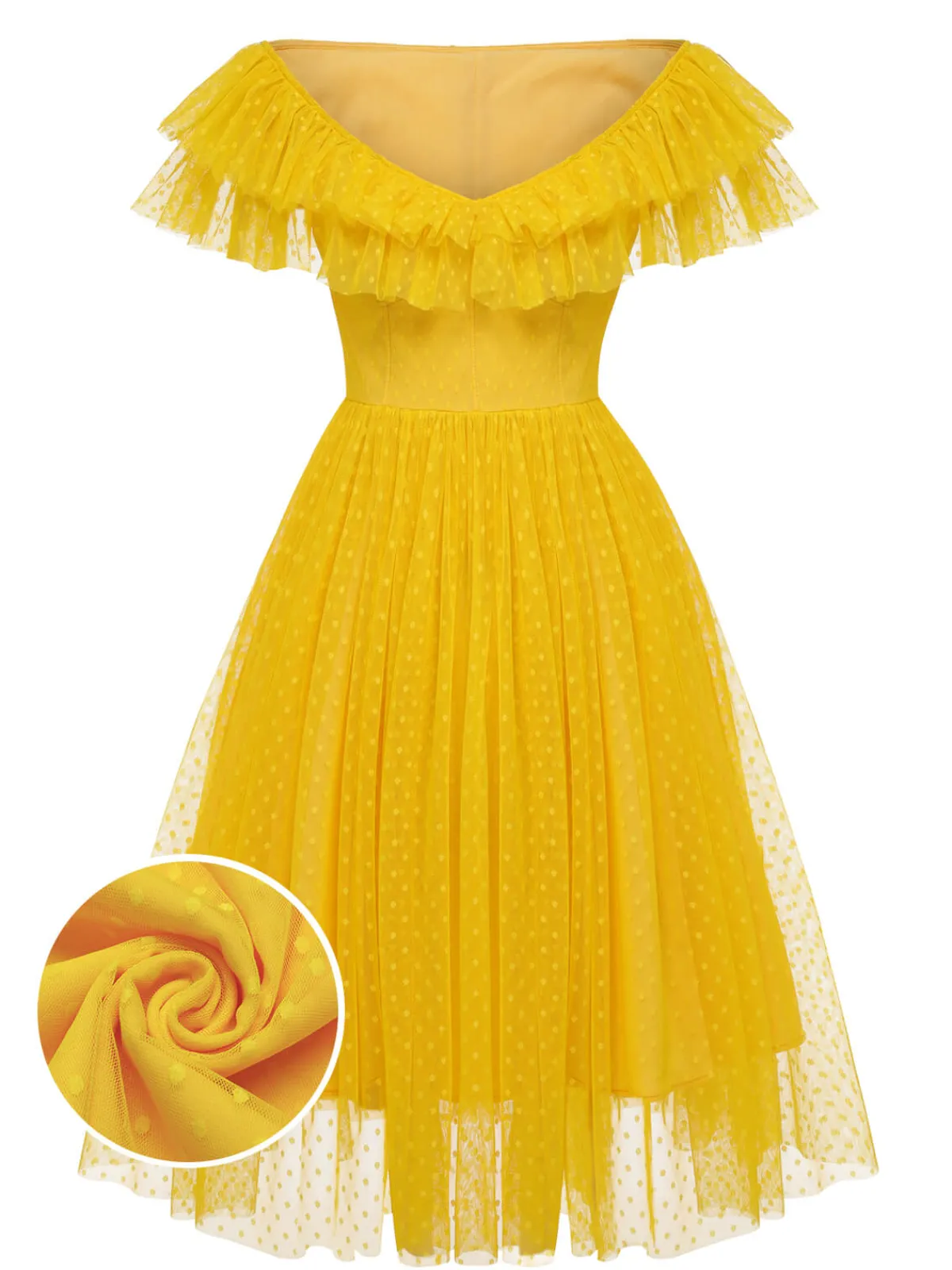 Fashion Retro Stage 1950s Dots Off-Shoulder Mesh Swing Dress Yellow