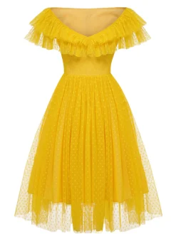 Fashion Retro Stage 1950s Dots Off-Shoulder Mesh Swing Dress Yellow