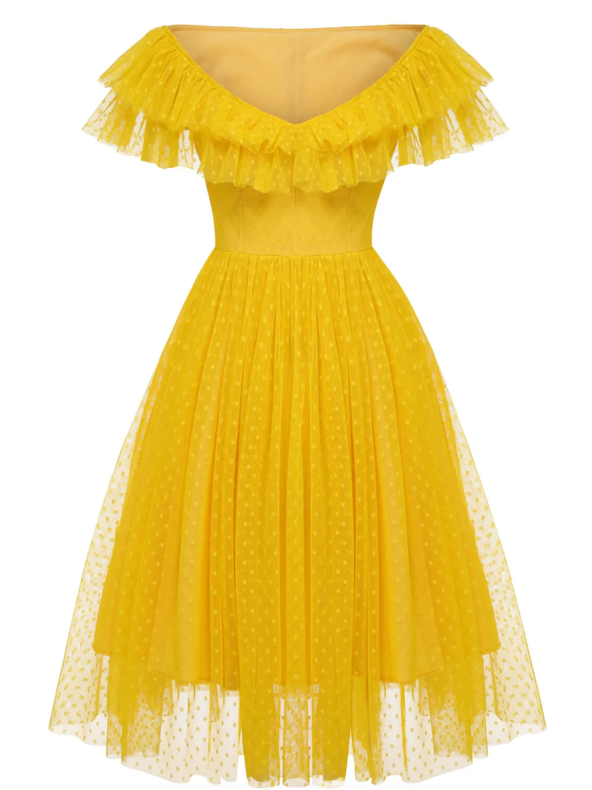 Fashion Retro Stage 1950s Dots Off-Shoulder Mesh Swing Dress Yellow