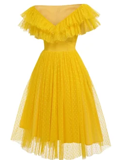 Fashion Retro Stage 1950s Dots Off-Shoulder Mesh Swing Dress Yellow