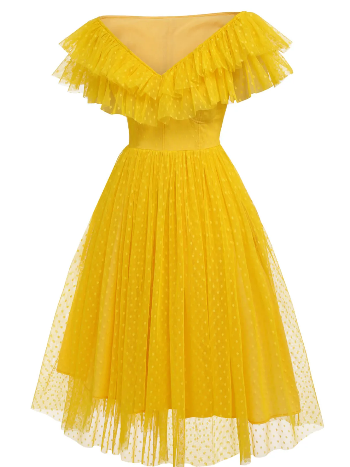 Fashion Retro Stage 1950s Dots Off-Shoulder Mesh Swing Dress Yellow