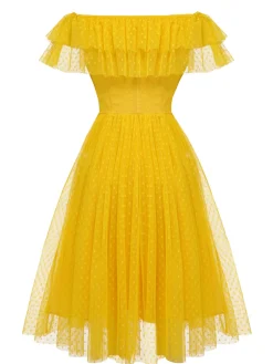 Fashion Retro Stage 1950s Dots Off-Shoulder Mesh Swing Dress Yellow
