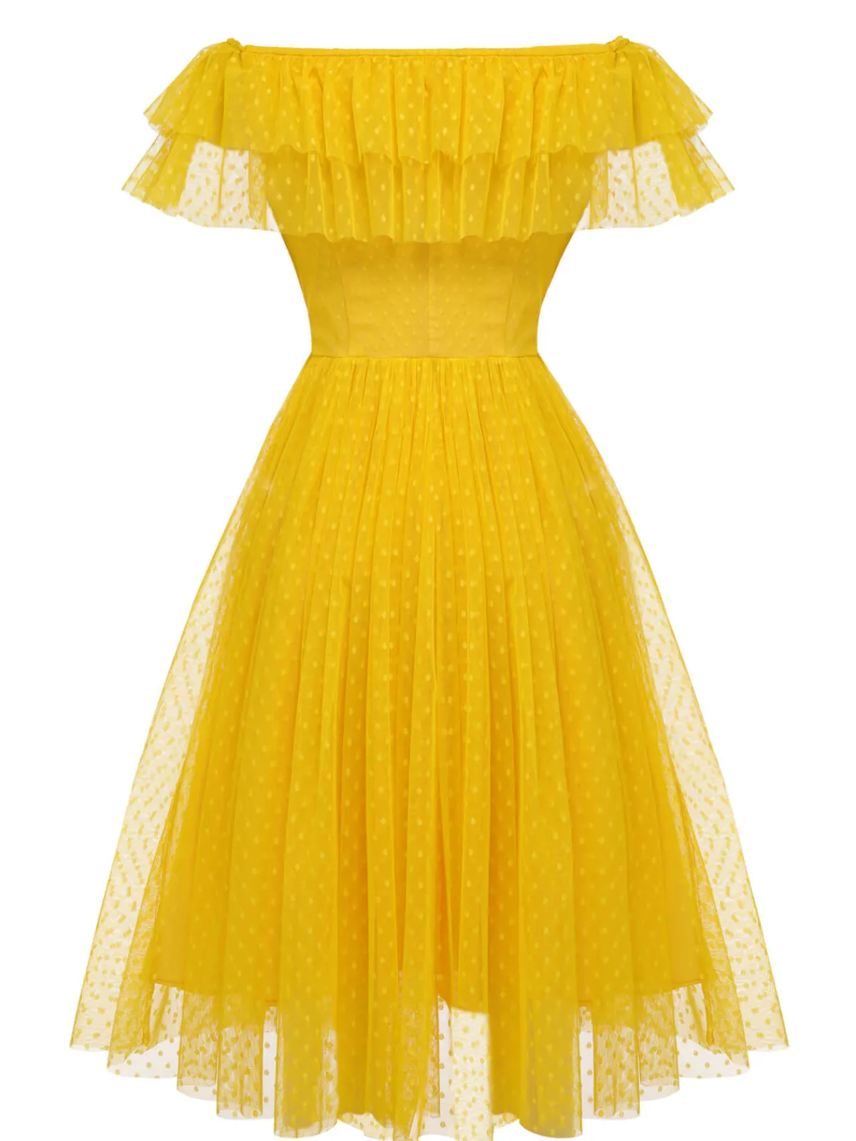 Fashion Retro Stage 1950s Dots Off-Shoulder Mesh Swing Dress Yellow