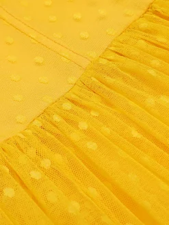 Fashion Retro Stage 1950s Dots Off-Shoulder Mesh Swing Dress Yellow