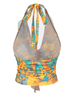 Discount Retro Stage 1960s Flame Halter Ruched Top Yellow