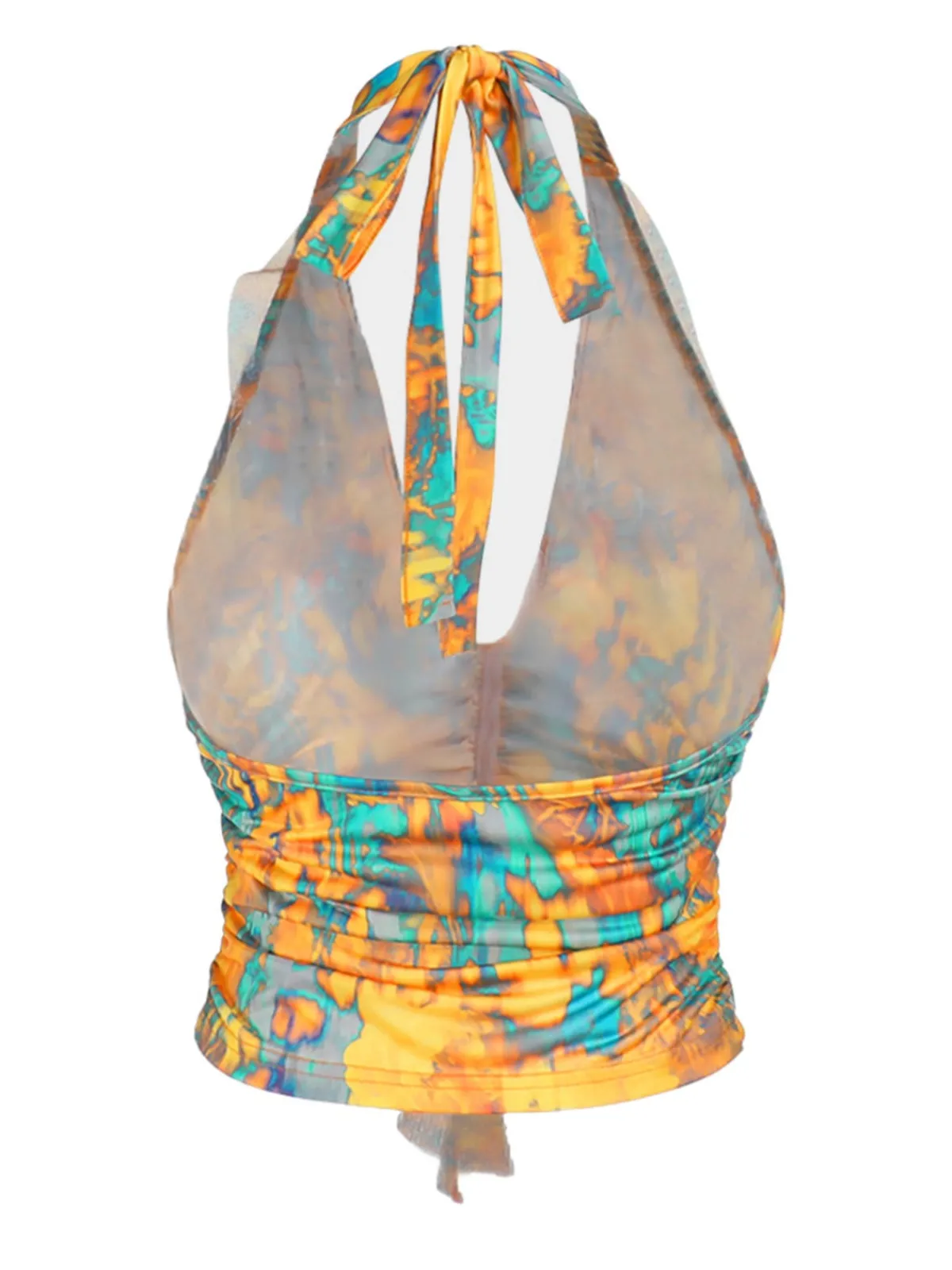 Discount Retro Stage 1960s Flame Halter Ruched Top Yellow