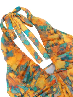 Discount Retro Stage 1960s Flame Halter Ruched Top Yellow