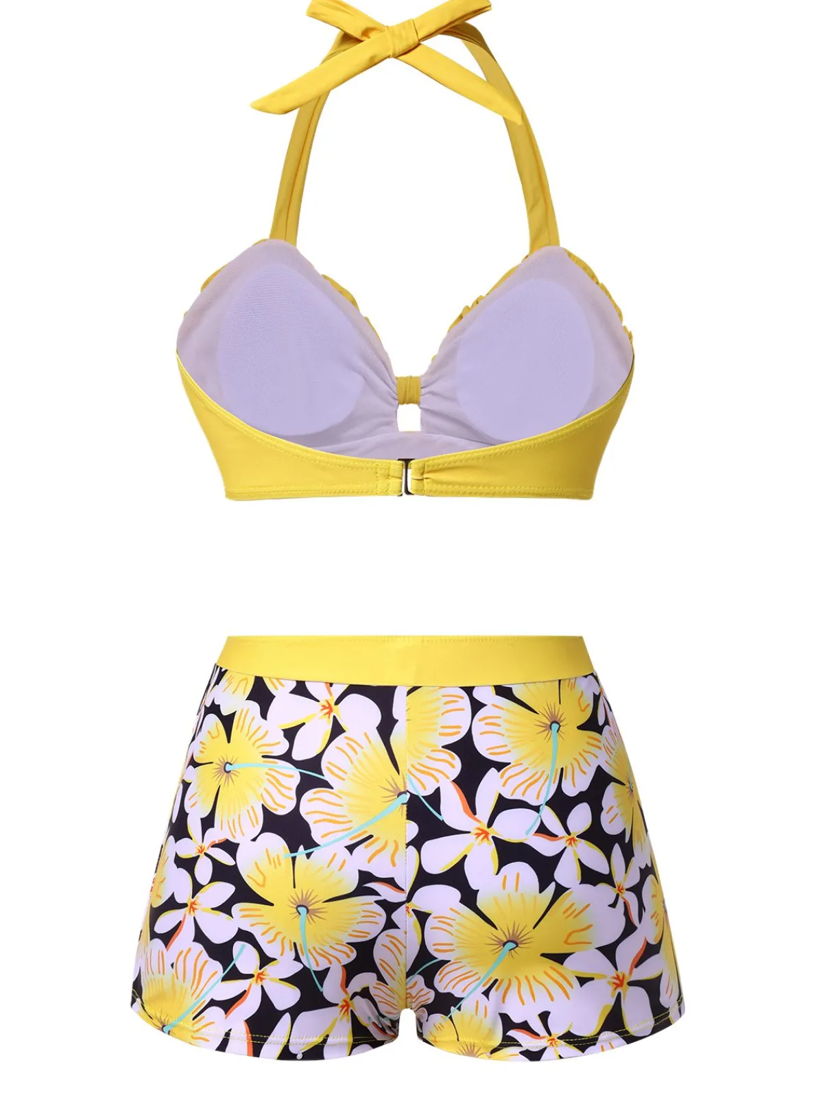 Clearance Retro Stage 1960s Floral Backless Halter Hollow Swimsuit Yellow