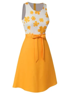Hot Retro Stage 1960s Floral Bow Sleeveless Dress Yellow