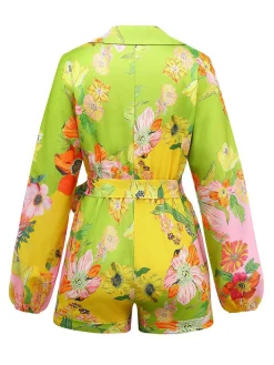 Sale Retro Stage 1960s Floral Deep V-Neck Long Sleeves Romper Yellow