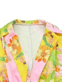 Sale Retro Stage 1960s Floral Deep V-Neck Long Sleeves Romper Yellow