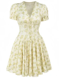 New Retro Stage 1960s Floral Puff Sleeves V-Neck Dress Yellow