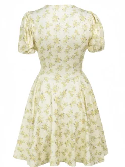 New Retro Stage 1960s Floral Puff Sleeves V-Neck Dress Yellow