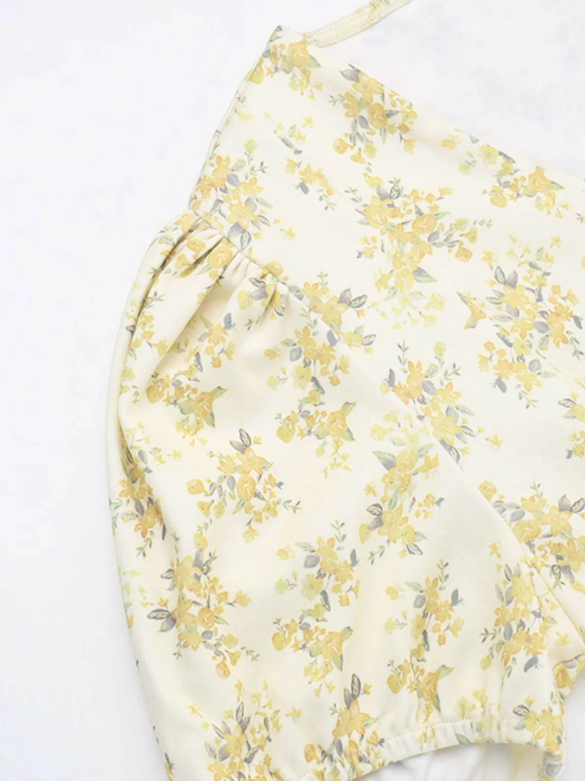 New Retro Stage 1960s Floral Puff Sleeves V-Neck Dress Yellow