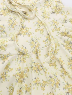 New Retro Stage 1960s Floral Puff Sleeves V-Neck Dress Yellow