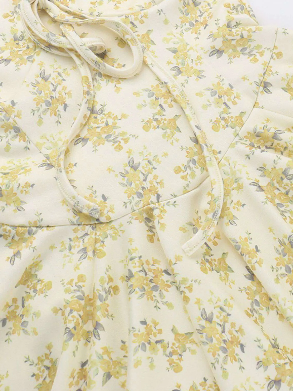 New Retro Stage 1960s Floral Puff Sleeves V-Neck Dress Yellow