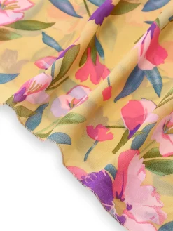 Discount Retro Stage 1930s Floral Ruffled Deep V-Neck Cutout Dress Yellow