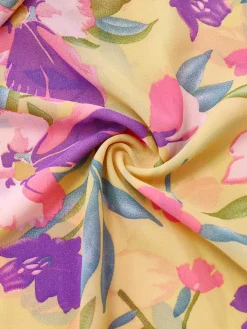 Discount Retro Stage 1930s Floral Ruffled Deep V-Neck Cutout Dress Yellow