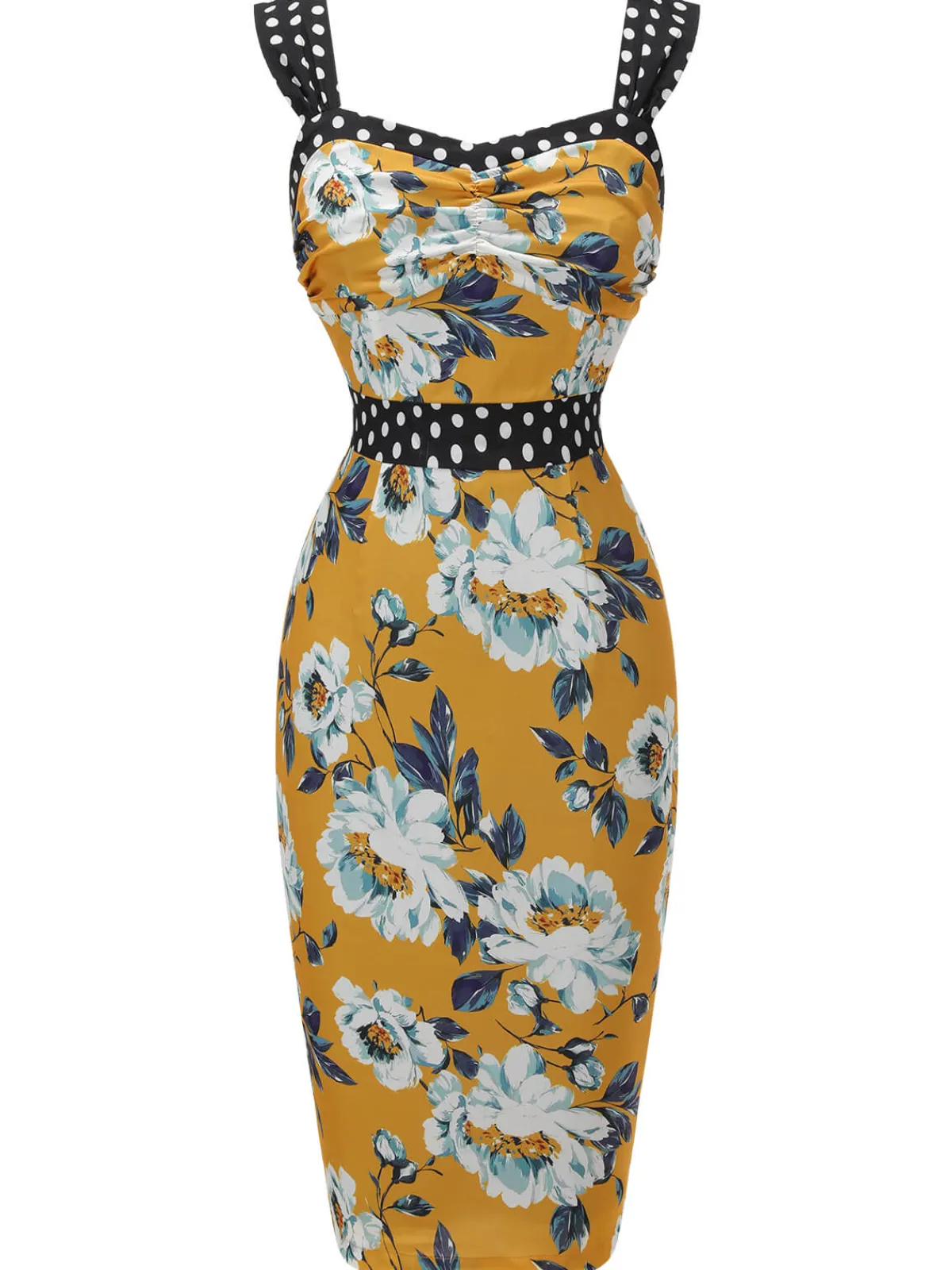 Clearance Retro Stage 1960s Florale Dots Patchwork Pencil Dress Yellow
