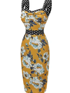 Clearance Retro Stage 1960s Florale Dots Patchwork Pencil Dress Yellow