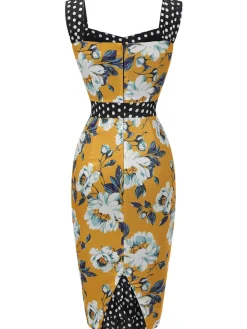 Clearance Retro Stage 1960s Florale Dots Patchwork Pencil Dress Yellow