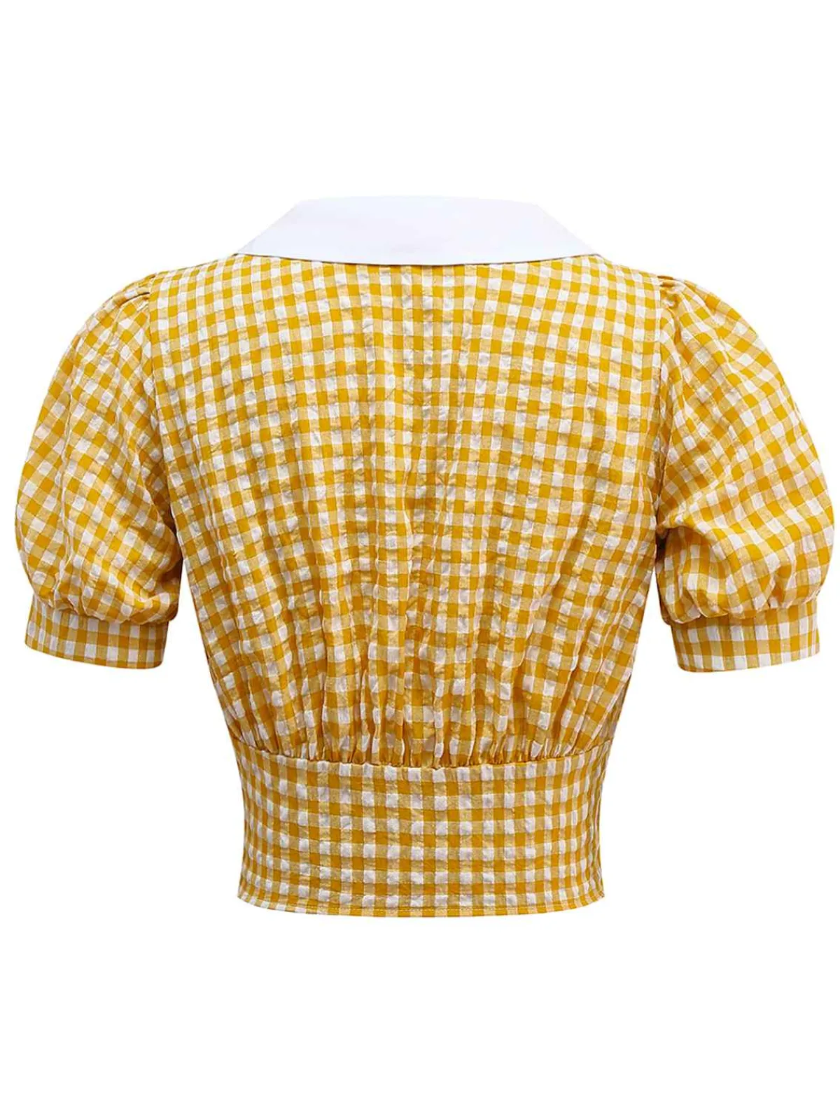 Online Retro Stage 1950s Gingham Plaid Lapel Pearl Button Top Yellow