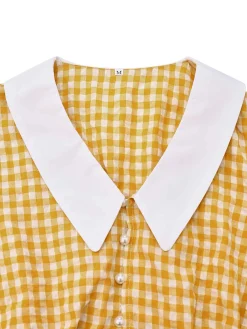 Online Retro Stage 1950s Gingham Plaid Lapel Pearl Button Top Yellow
