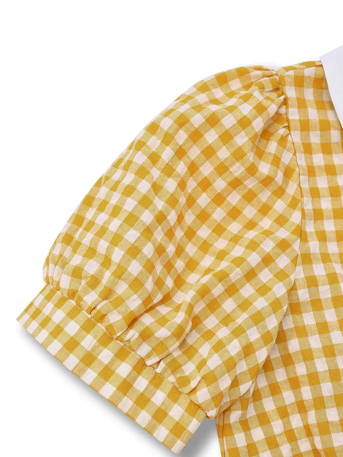 Online Retro Stage 1950s Gingham Plaid Lapel Pearl Button Top Yellow