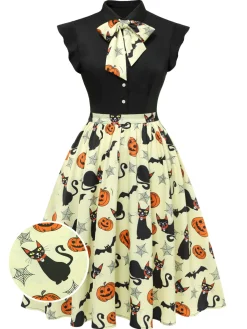 Sale Retro Stage 1950s Halloween Bow Lapel Dress Yellow
