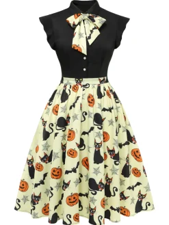 Sale Retro Stage 1950s Halloween Bow Lapel Dress Yellow