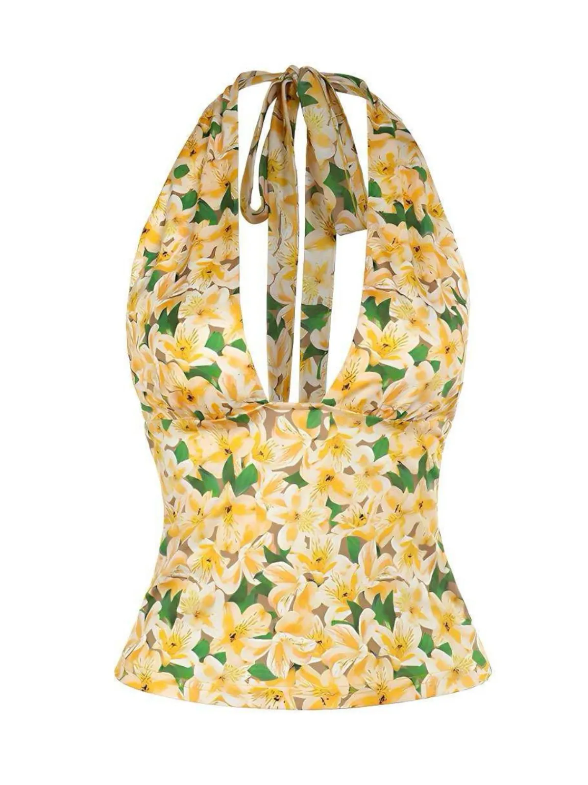 Hot Retro Stage 1950s Halter Deep V-Neck Lily Top Yellow