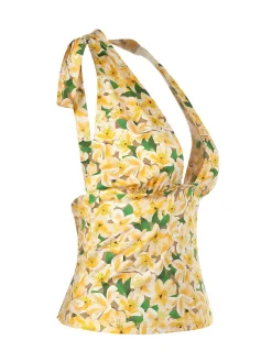 Hot Retro Stage 1950s Halter Deep V-Neck Lily Top Yellow