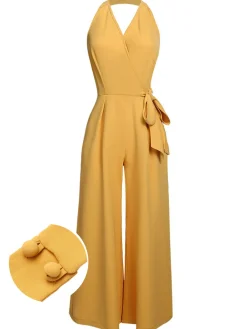 Online Retro Stage 1930s Halter Lace-Up Jumpsuit Yellow