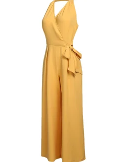 Online Retro Stage 1930s Halter Lace-Up Jumpsuit Yellow