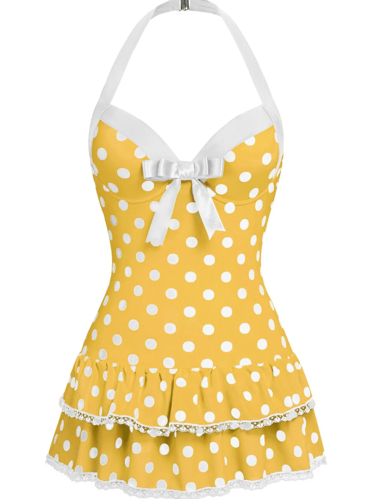 New Retro Stage Yellow 1940s Halter Polka Dots Bow Swimsuit