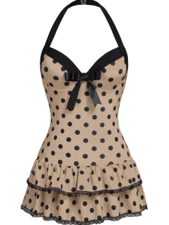 New Retro Stage Yellow 1940s Halter Polka Dots Bow Swimsuit