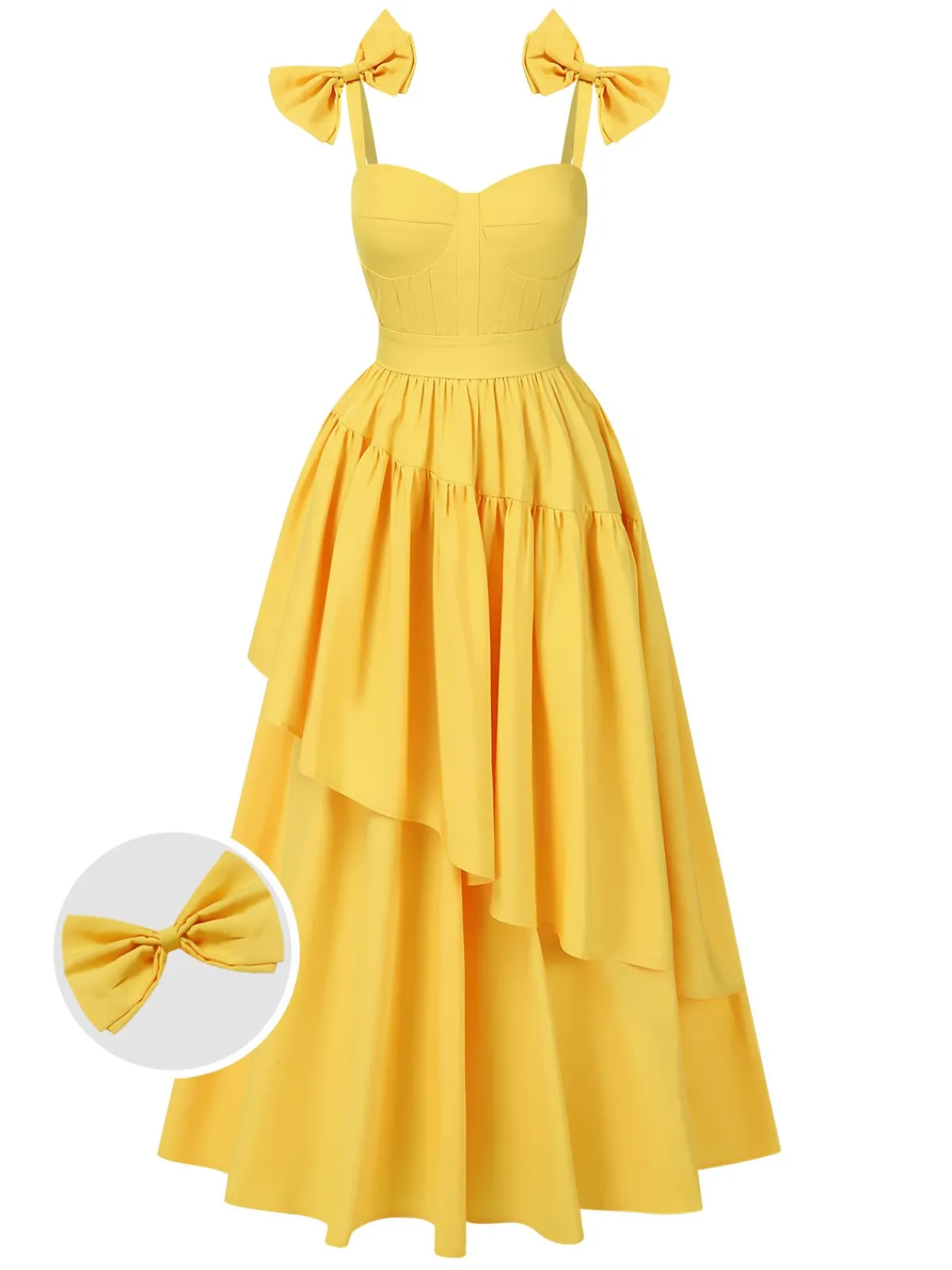 Discount Retro Stage 1950s Heart Neck Bow-Strap Tiered Dress Yellow