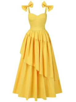 Discount Retro Stage 1950s Heart Neck Bow-Strap Tiered Dress Yellow