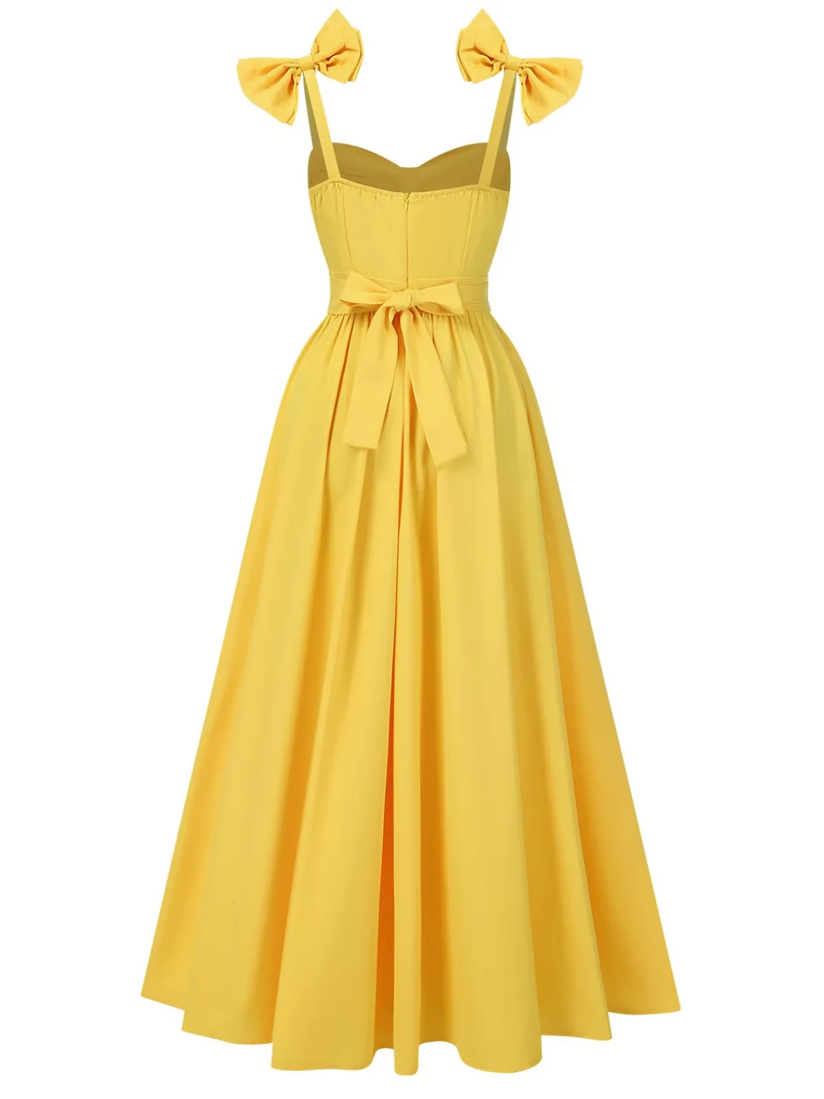 Discount Retro Stage 1950s Heart Neck Bow-Strap Tiered Dress Yellow