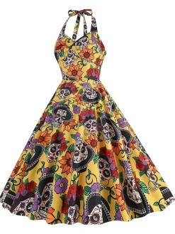 Hot Retro Stage 1950s Hippie Skull Bow Halter Swing Dress Yellow