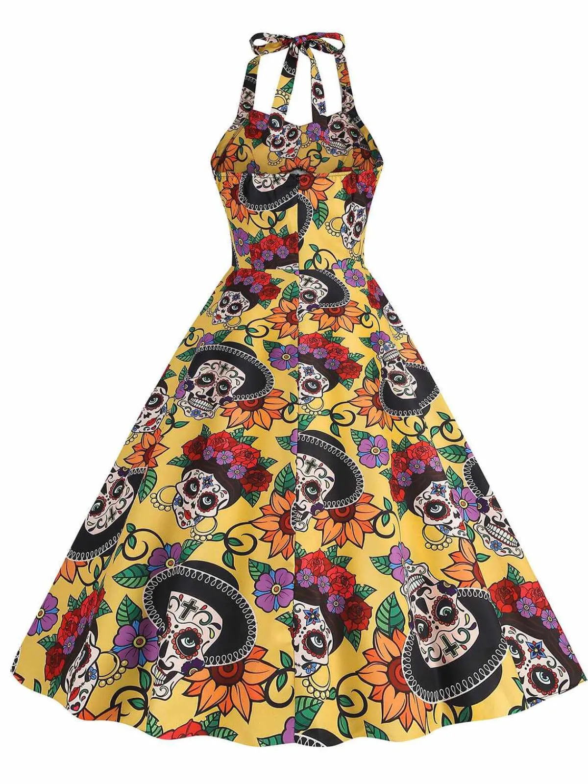 Hot Retro Stage 1950s Hippie Skull Bow Halter Swing Dress Yellow
