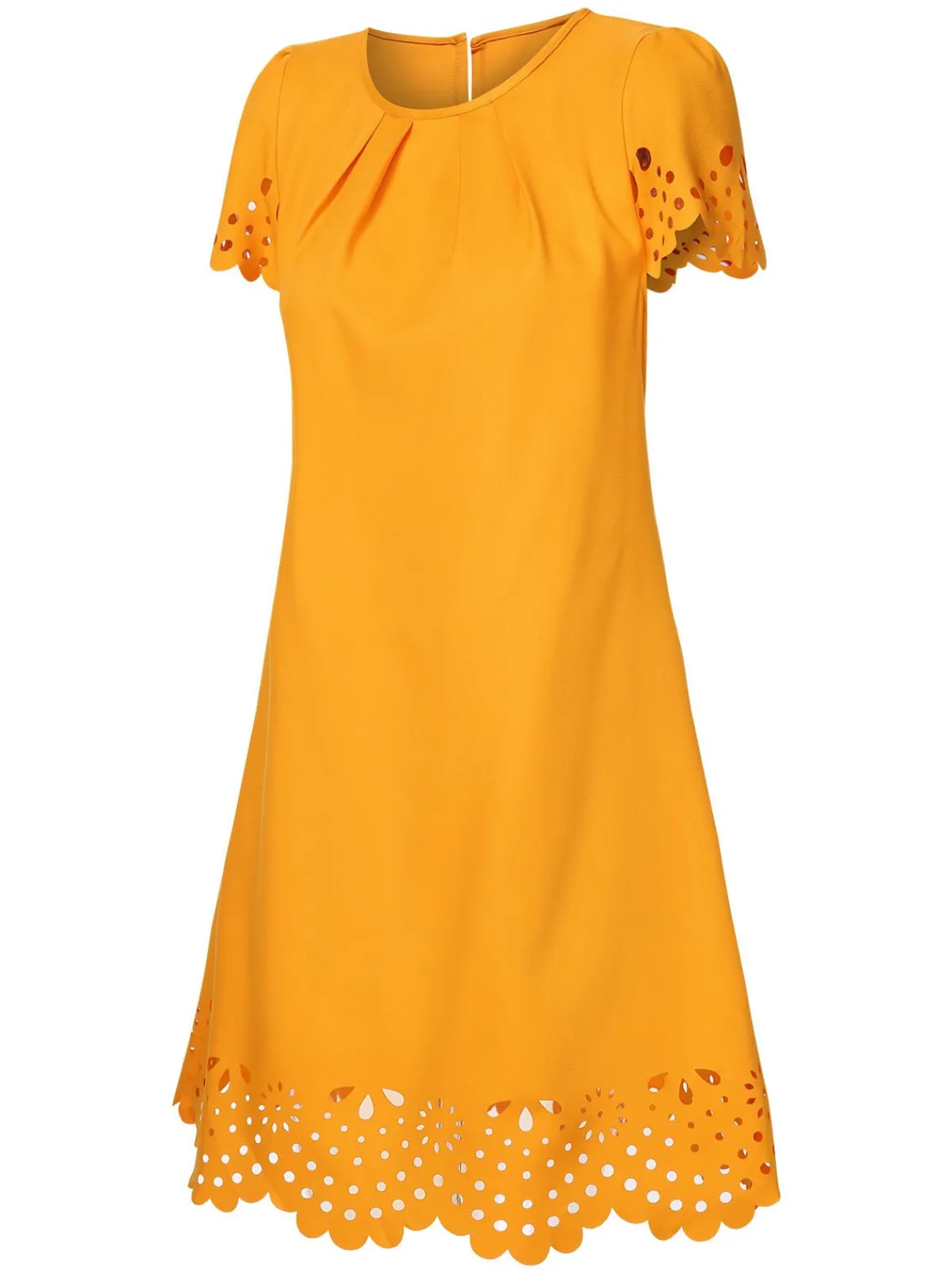 Sale Retro Stage 1960s Hollow A-Line Solid Dress Yellow