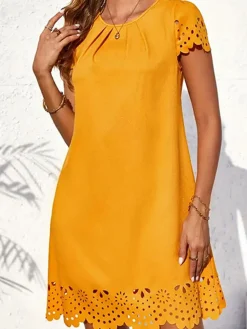 Sale Retro Stage 1960s Hollow A-Line Solid Dress Yellow