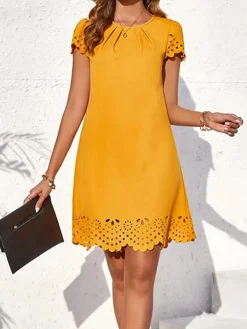 Sale Retro Stage 1960s Hollow A-Line Solid Dress Yellow