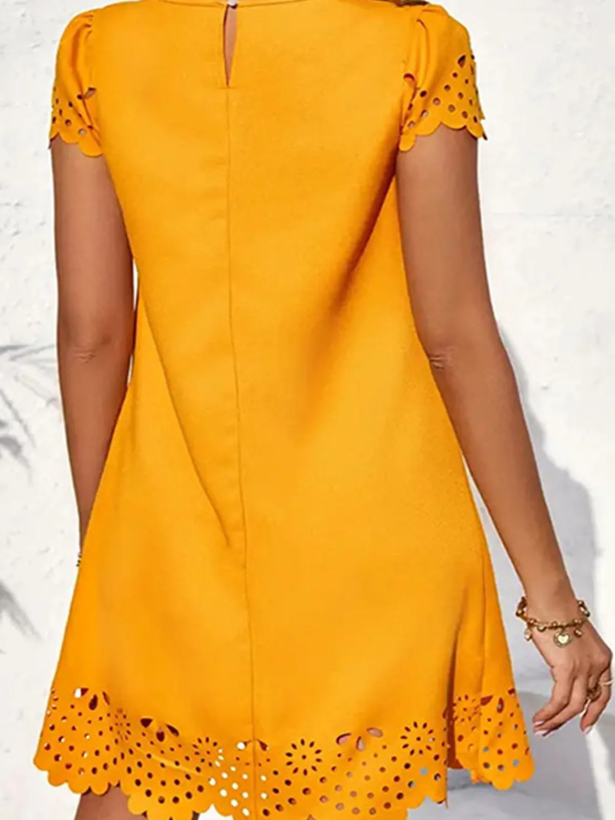Sale Retro Stage 1960s Hollow A-Line Solid Dress Yellow